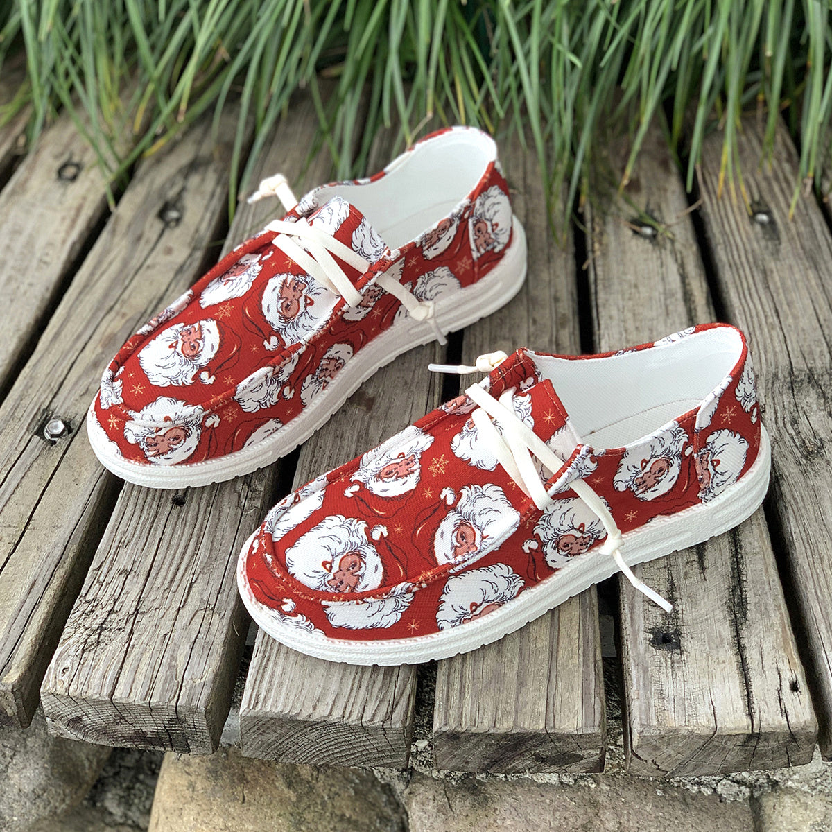 Santa Claus Print Canvas Shoes, Casual Lace Up Christmas Sneakers