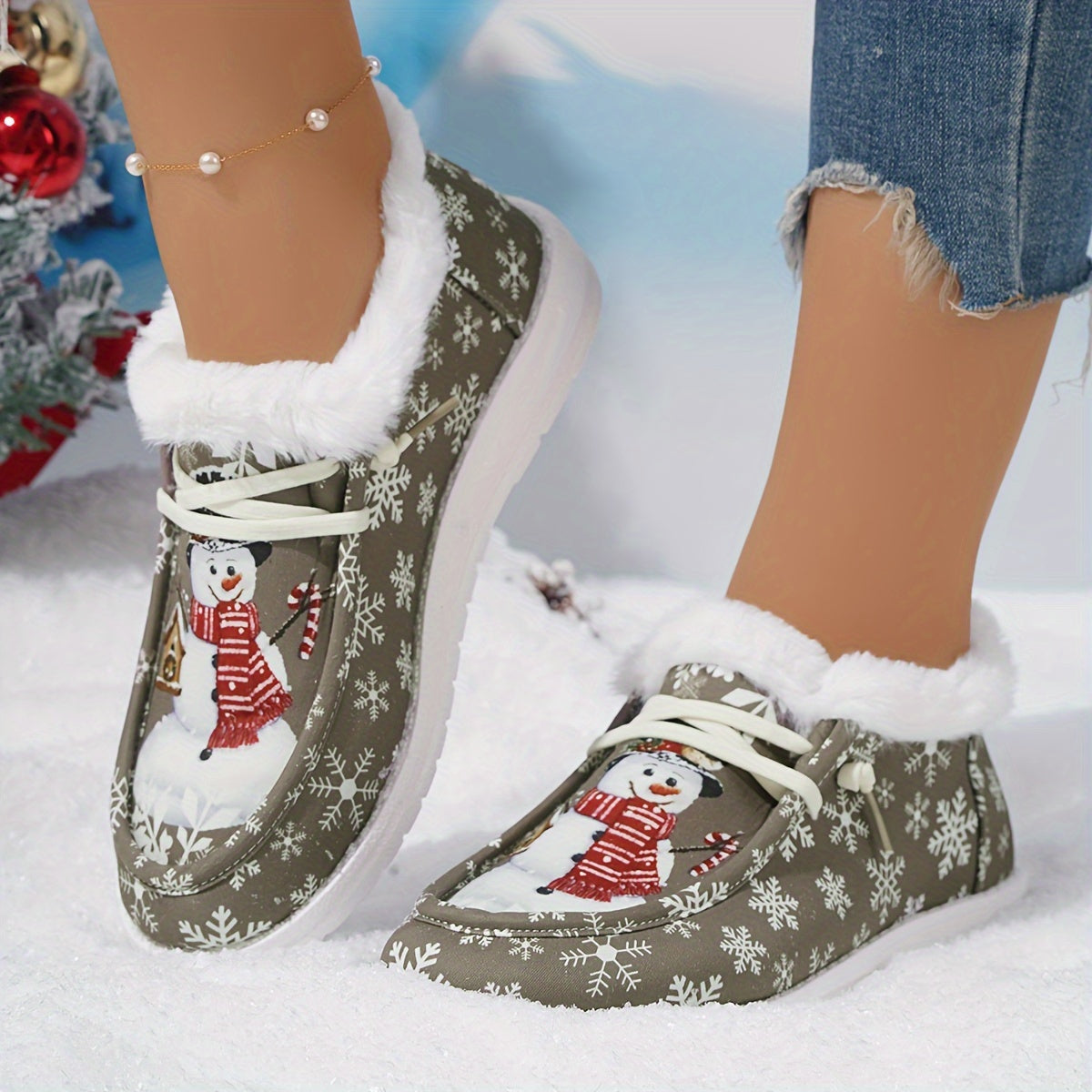 Cartoon Snowflake & Snowman Pattern Shoes, Thermal Lined Fluffy Canvas Shoes